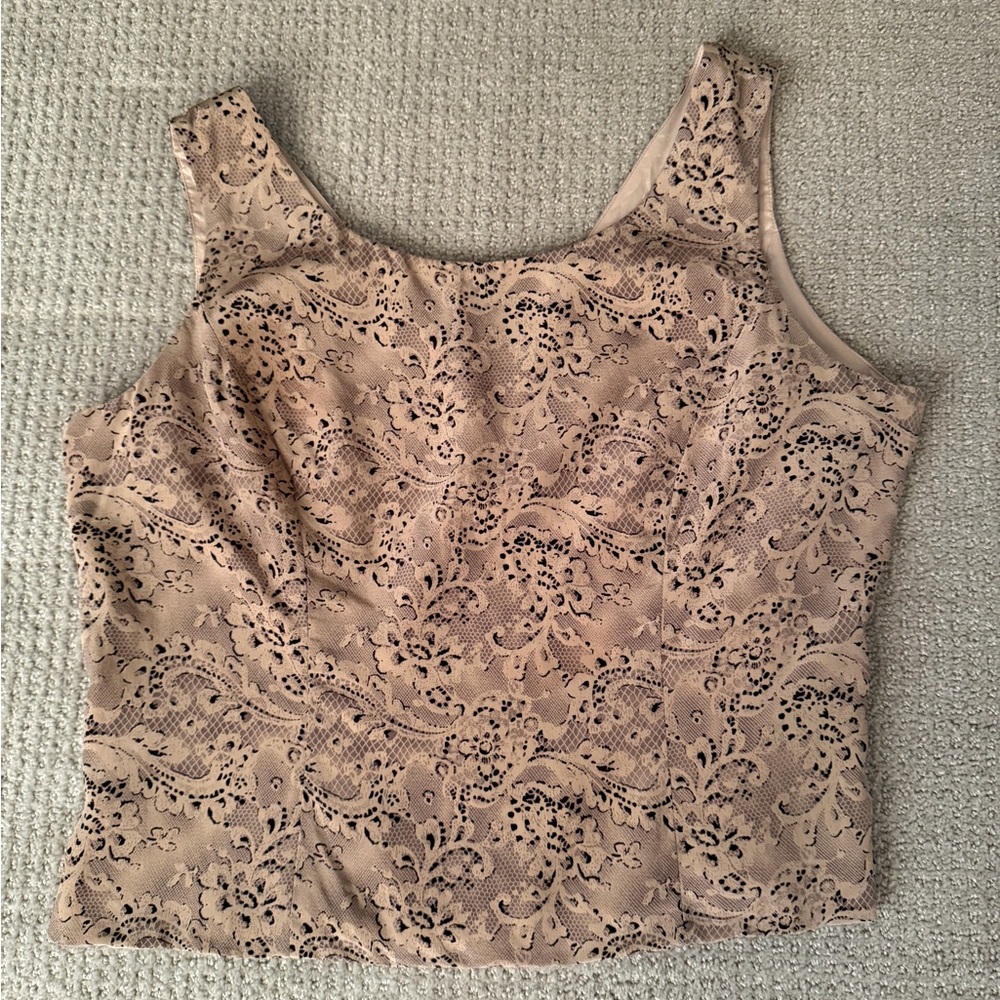 Papell 100% Silk Top Blouse in Beige and Black Size 14P Petite